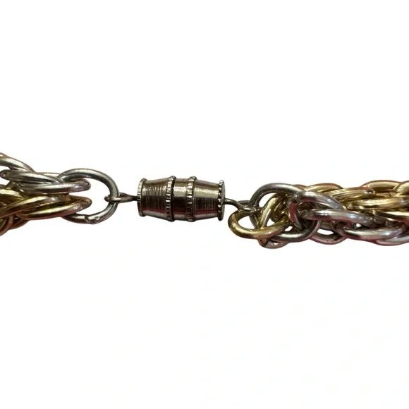 Twisted Rope Chain Necklace Silver Gold Tone Metal 24” Barrel Clasp 2 Tone Woven - Picture 3 of 3